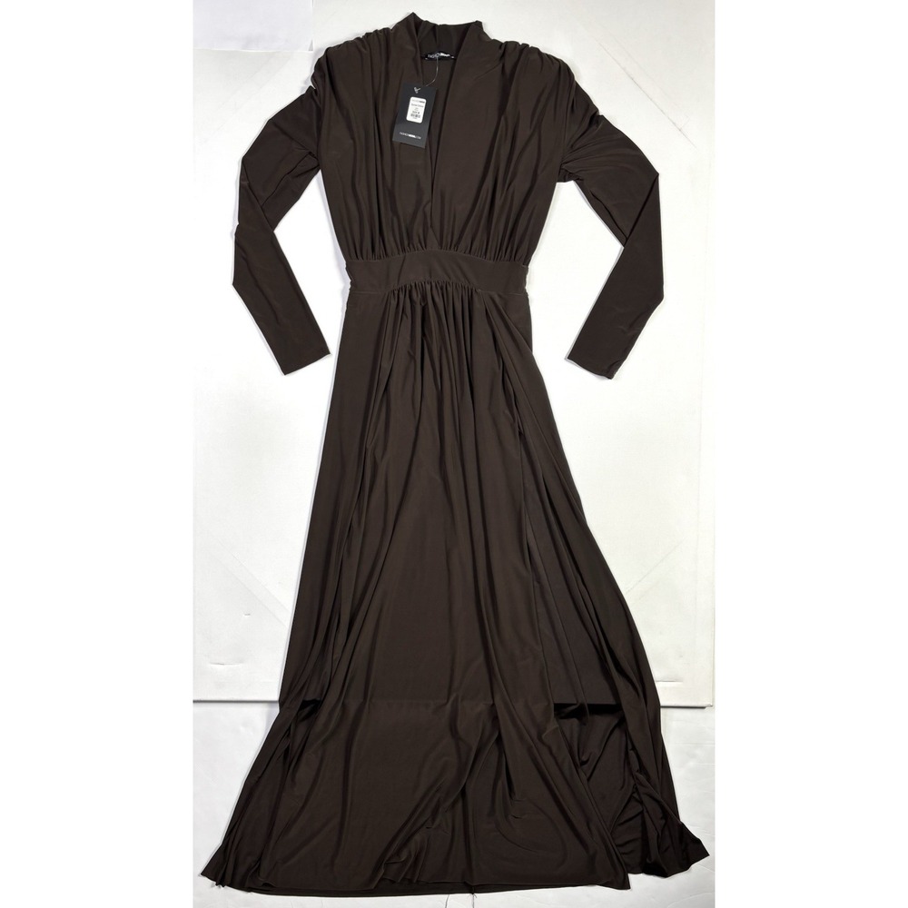 Fashion Nova Spree Dress Women's Medium New W/ Tags Brown Maxi V-Neck Slit